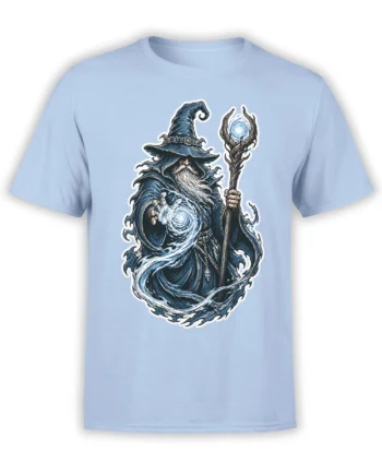 Bearded wizard with a magic staff and swirling blue energy on a light blue fantasy T-shirt