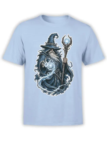 Bearded wizard with a magic staff and swirling blue energy on a light blue fantasy T-shirt