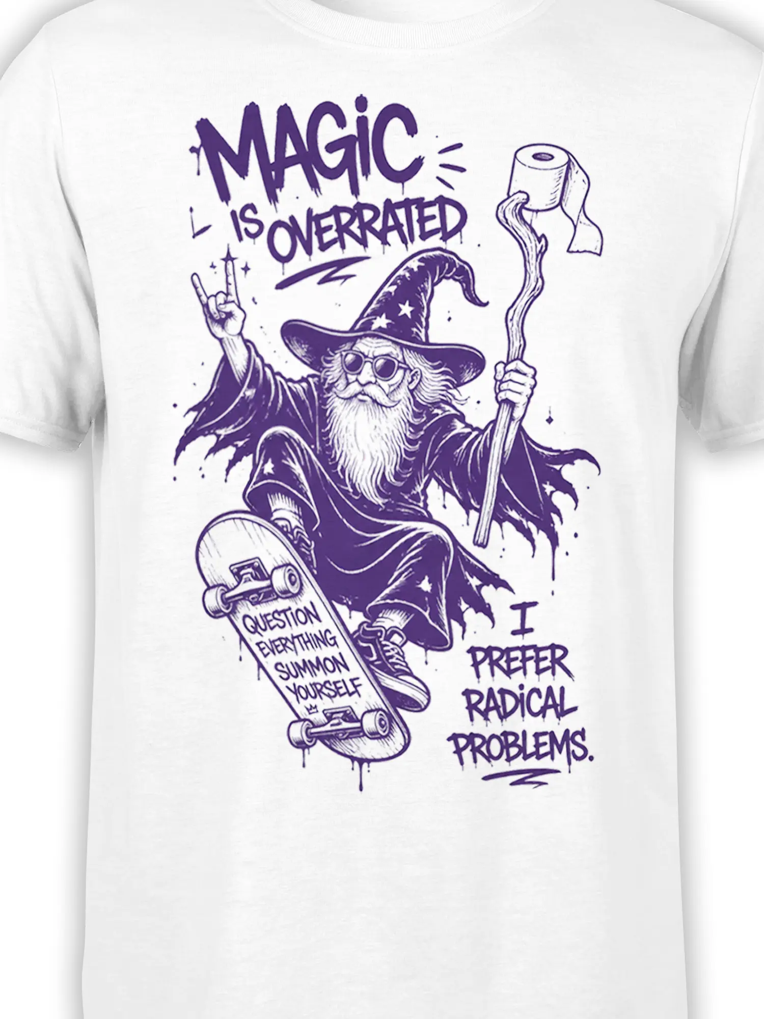 Close-up of purple wizard artwork with starry hat, sunglasses, skateboard, toilet paper staff, and slogan text