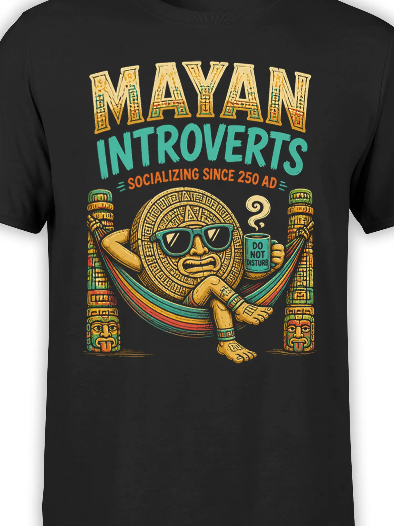 Colorful Mayan introvert graphic close-up with sunglasses, hammock, carved pillars, and cup