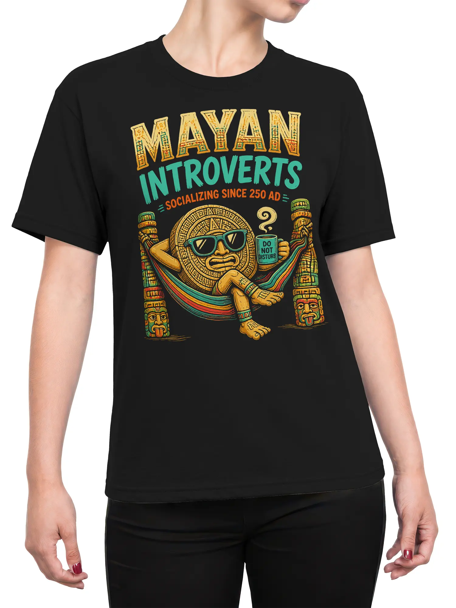 Female torso wearing a black Mayan introvert T-shirt with a colorful hammock and ancient-style graphic