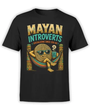 Black Mayan introvert T-shirt with sunglasses, hammock, carved pillars, and a Do Not Disturb cup