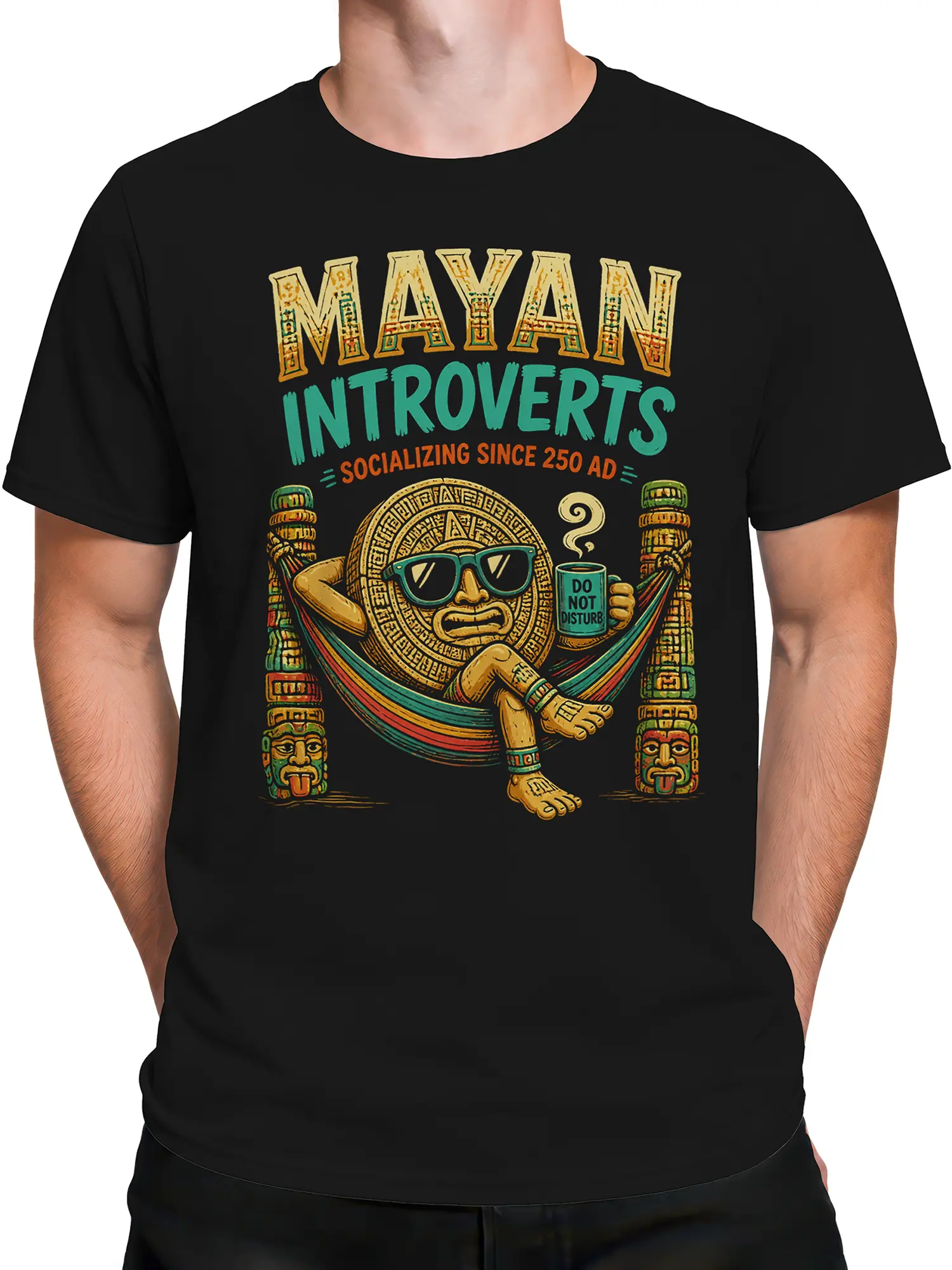 Male torso wearing a black Mayan introvert T-shirt with a colorful ancient-style graphic