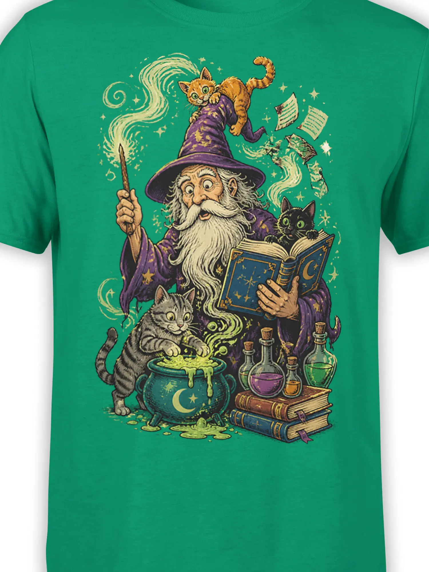 Close-up of cat wizard fantasy artwork with spellbooks and potions on a green T-shirt