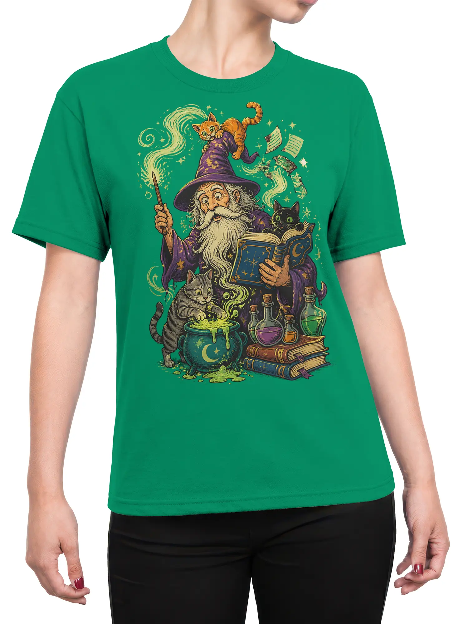 Female torso wearing a green T-shirt with vintage cat wizard and magical potion artwork