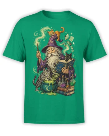 Green T-shirt with a vintage cat wizard, three cats, spellbooks, potions, and a glowing moon cauldron