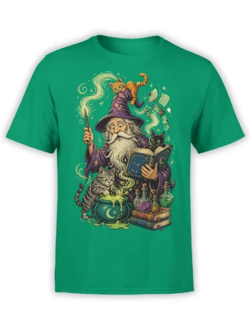 Green T-shirt with a vintage cat wizard, three cats, spellbooks, potions, and a glowing moon cauldron