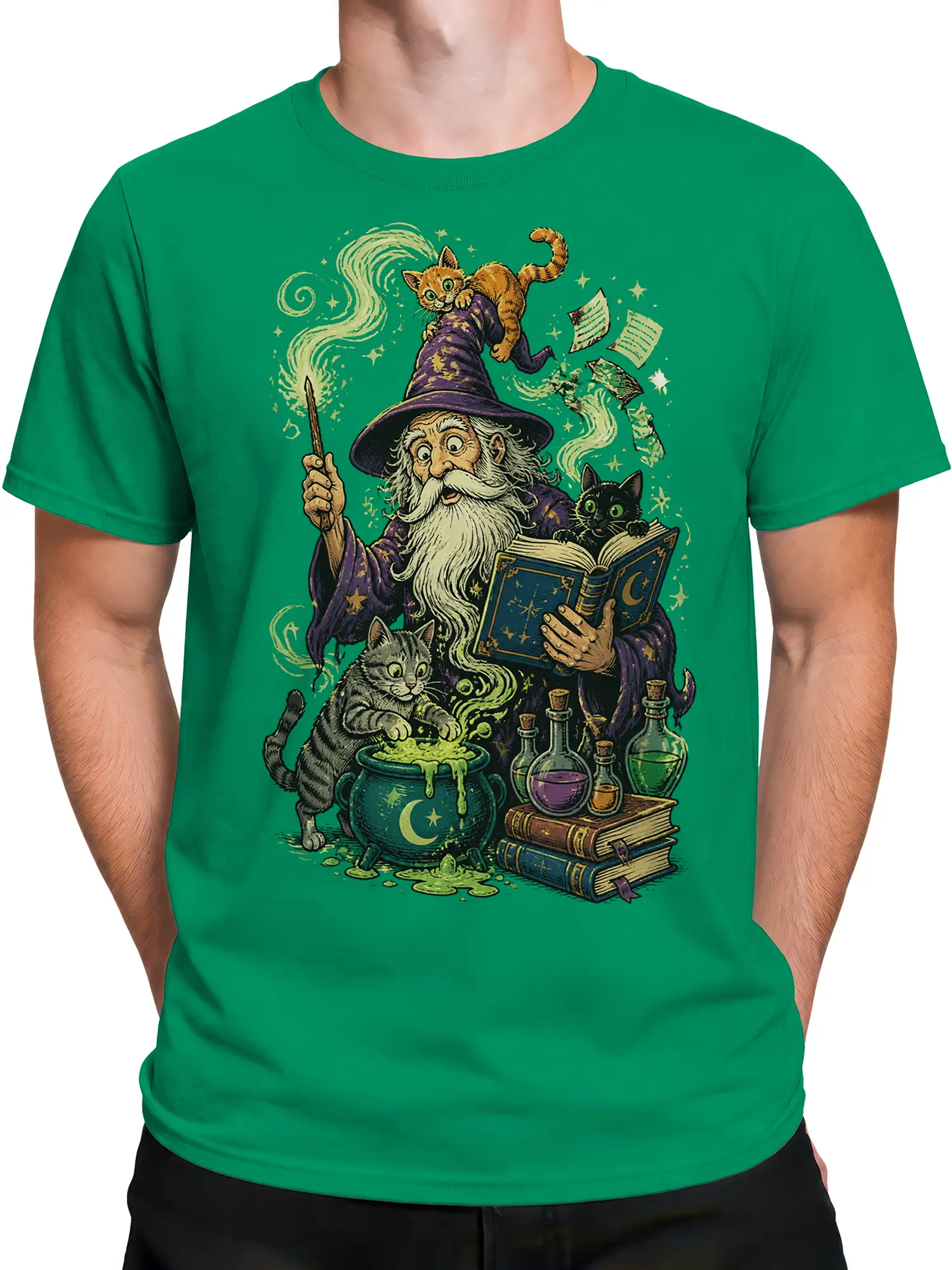 Male torso wearing a green T-shirt with vintage cat wizard and magical potion artwork
