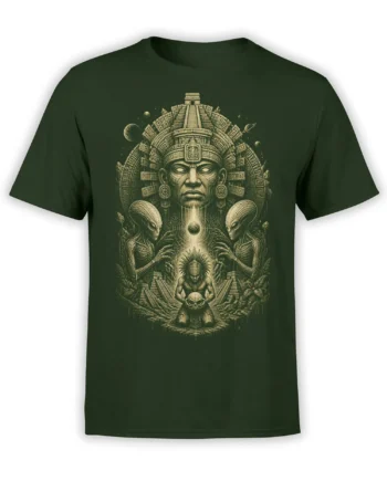 Dark green alien T-shirt with ancient temple artwork, planets, pyramids, and a skull-centered ceremonial scene