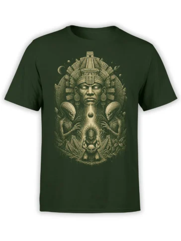 Dark green alien T-shirt with ancient temple artwork, planets, pyramids, and a skull-centered ceremonial scene