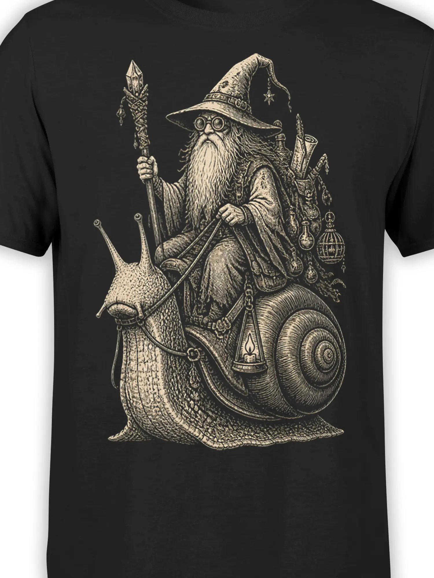 Detailed wizard snail artwork with pointed hat, staff, shell, and magical accessories