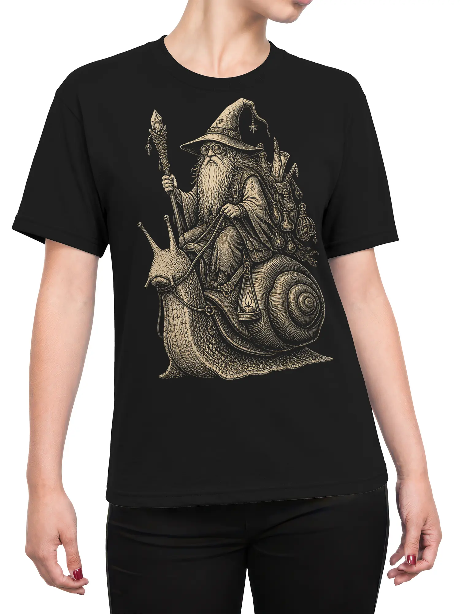 Female torso wearing a black T-shirt with a detailed wizard snail fantasy design