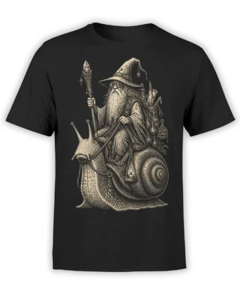 Wizard snail fantasy design with staff and magical gear on a black T-shirt