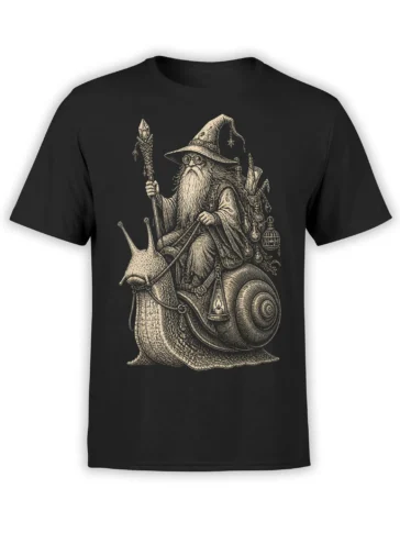 Wizard snail fantasy design with staff and magical gear on a black T-shirt