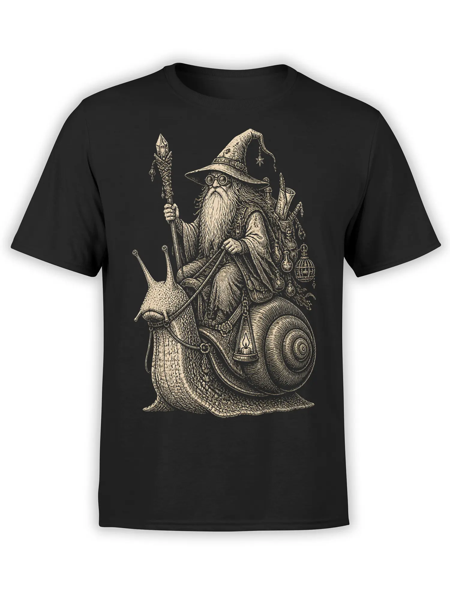 Wizard snail fantasy design with staff and magical gear on a black T-shirt