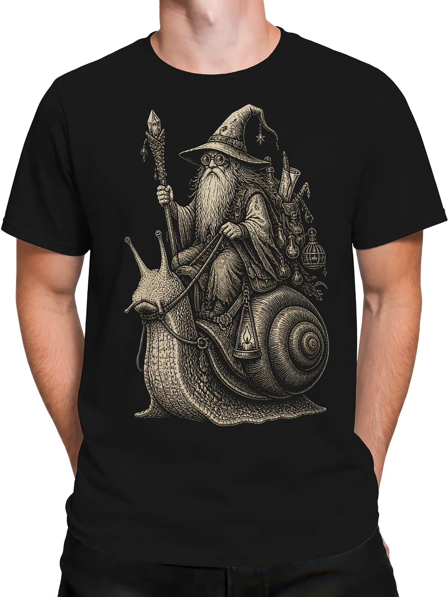 Male torso wearing a black T-shirt with a detailed wizard snail fantasy design