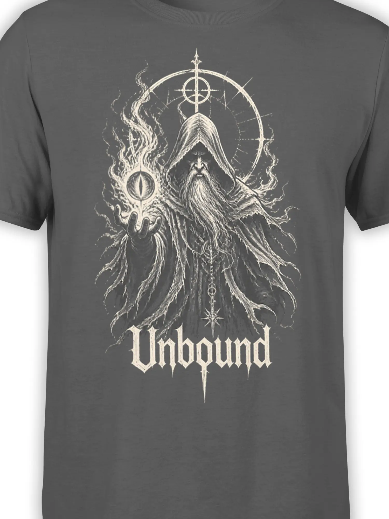 Close-up of hooded oracle artwork with mystical eye and cream “Unbound” lettering on gray fabric