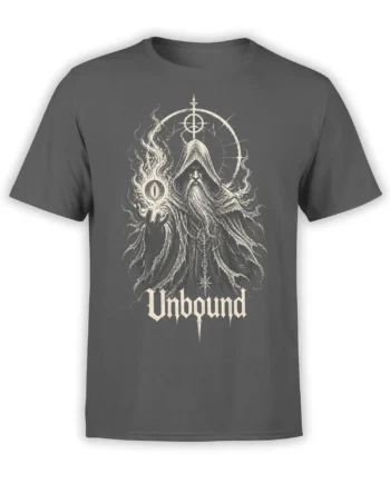 Gray fantasy T-shirt with hooded mystic figure, arcane eye, symbols, and “Unbound” lettering
