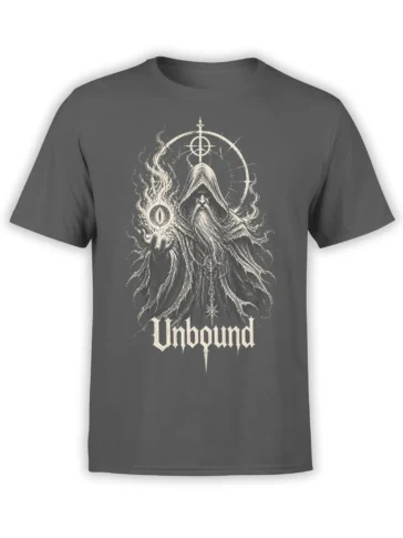Gray fantasy T-shirt with hooded mystic figure, arcane eye, symbols, and “Unbound” lettering