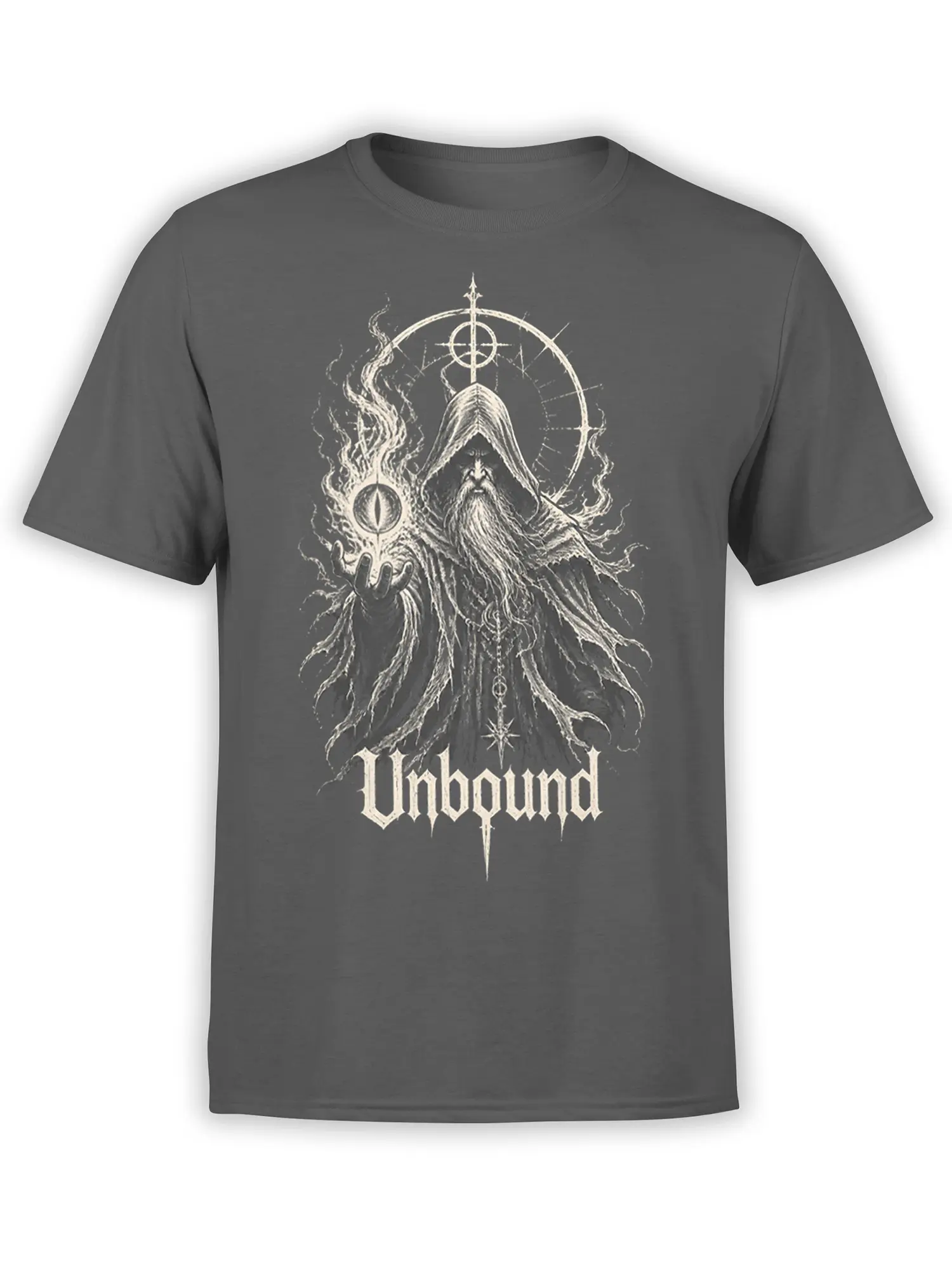 Gray fantasy T-shirt with hooded mystic figure, arcane eye, symbols, and “Unbound” lettering