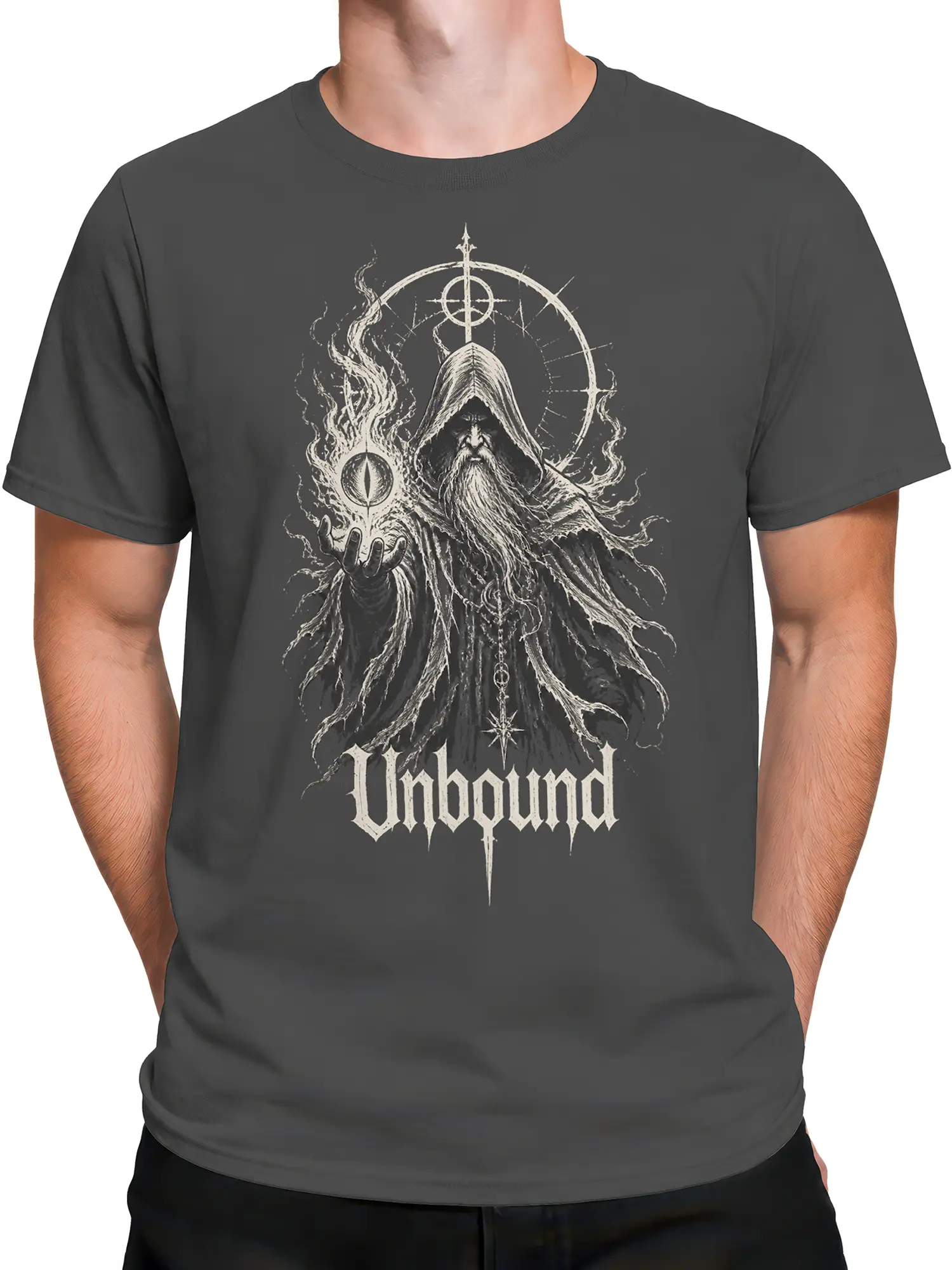 Male torso wearing gray fantasy graphic tee with hooded mystic, arcane eye, and “Unbound” design
