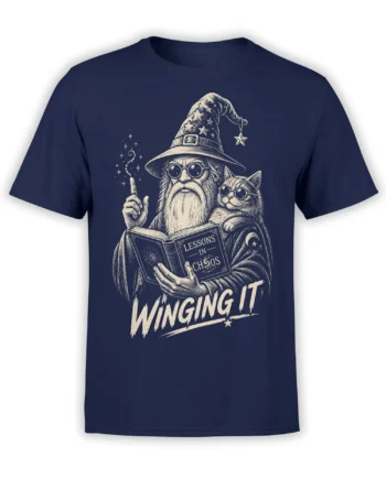 Wizard and cat wearing glasses with “Lessons in Chaos” and “Winging It” design on a navy T-shirt