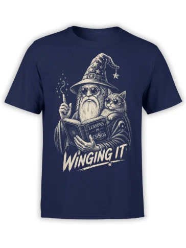 Wizard and cat wearing glasses with “Lessons in Chaos” and “Winging It” design on a navy T-shirt