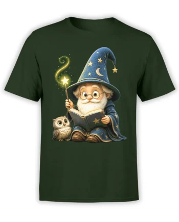 Green fantasy T-shirt with a bearded wizard, glowing wand, open book, stars, crescent moon, and owl