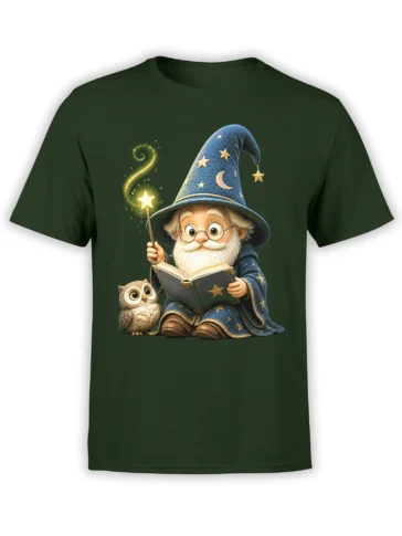 Green fantasy T-shirt with a bearded wizard, glowing wand, open book, stars, crescent moon, and owl