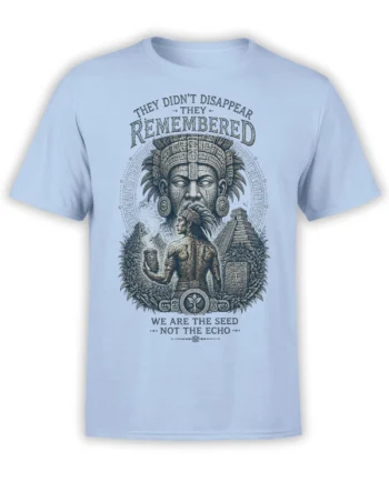 Indigenous warrior and ancient temple artwork with memory-themed text on a light blue T-shirt