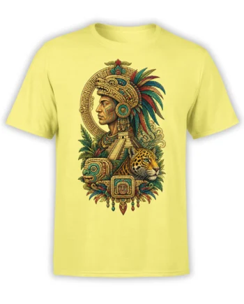 Yellow T-shirt with a detailed Mesoamerican-inspired warrior portrait, jaguar, pyramid, feathers, and jungle foliage