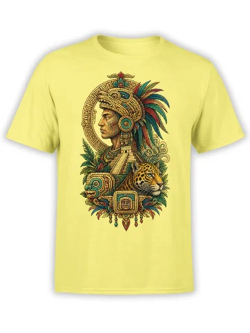 Yellow T-shirt with a detailed Mesoamerican-inspired warrior portrait, jaguar, pyramid, feathers, and jungle foliage