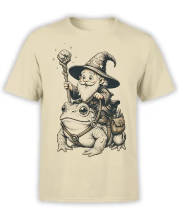 Bearded wizard riding a wide-eyed frog on a beige T-shirt with a moon and stars hat