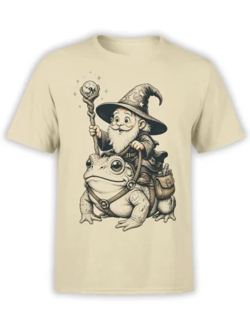 Bearded wizard riding a wide-eyed frog on a beige T-shirt with a moon and stars hat