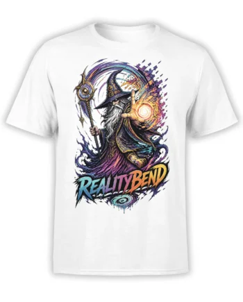 White fantasy T-shirt with a bearded wizard, glowing orb, cosmic energy, and Reality Bend text