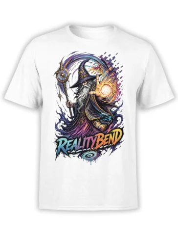 White fantasy T-shirt with a bearded wizard, glowing orb, cosmic energy, and Reality Bend text