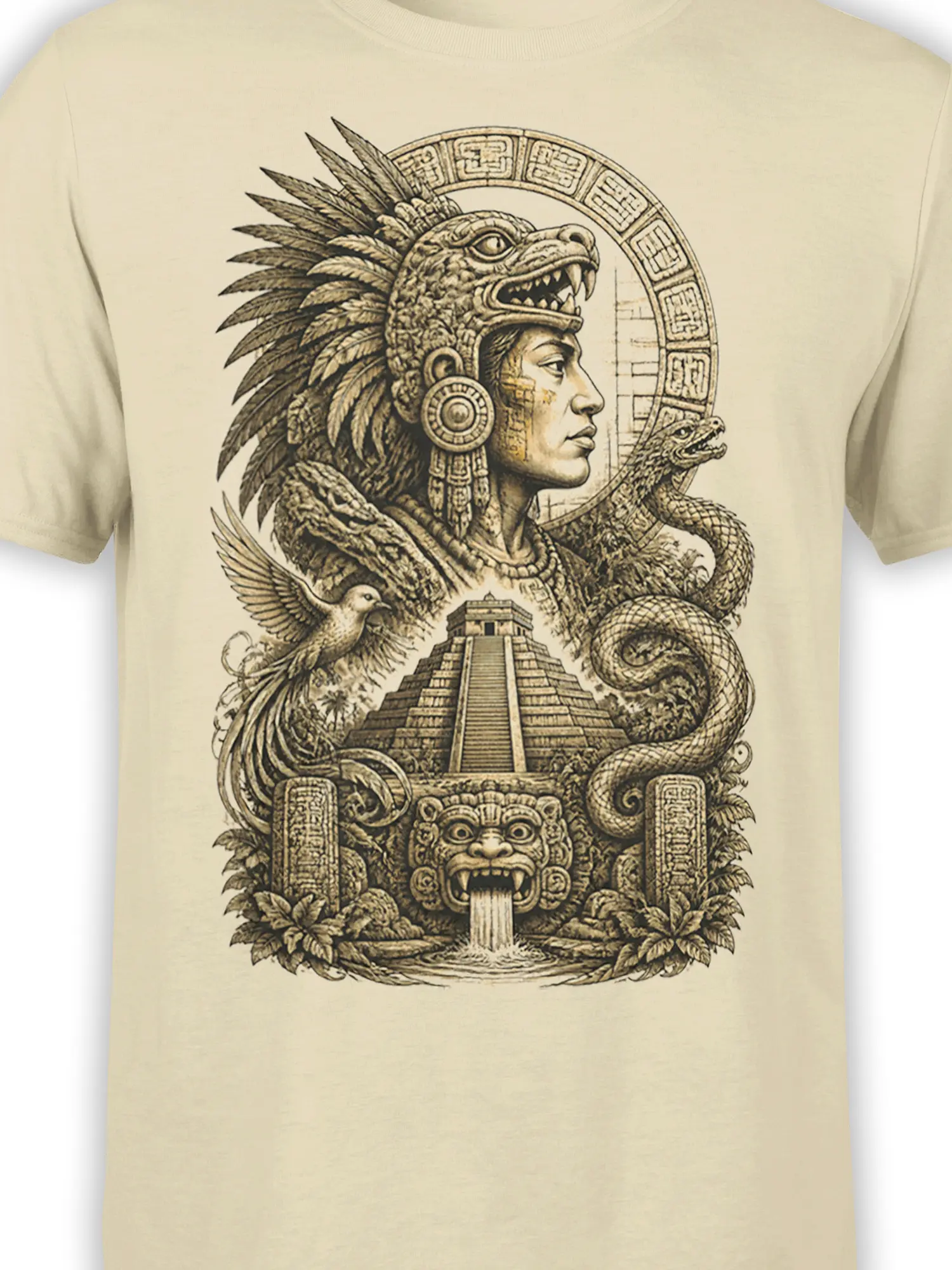 Close-up of the beige shirt design showing the warrior profile, feathered headdress, serpent, pyramid, and carved symbols