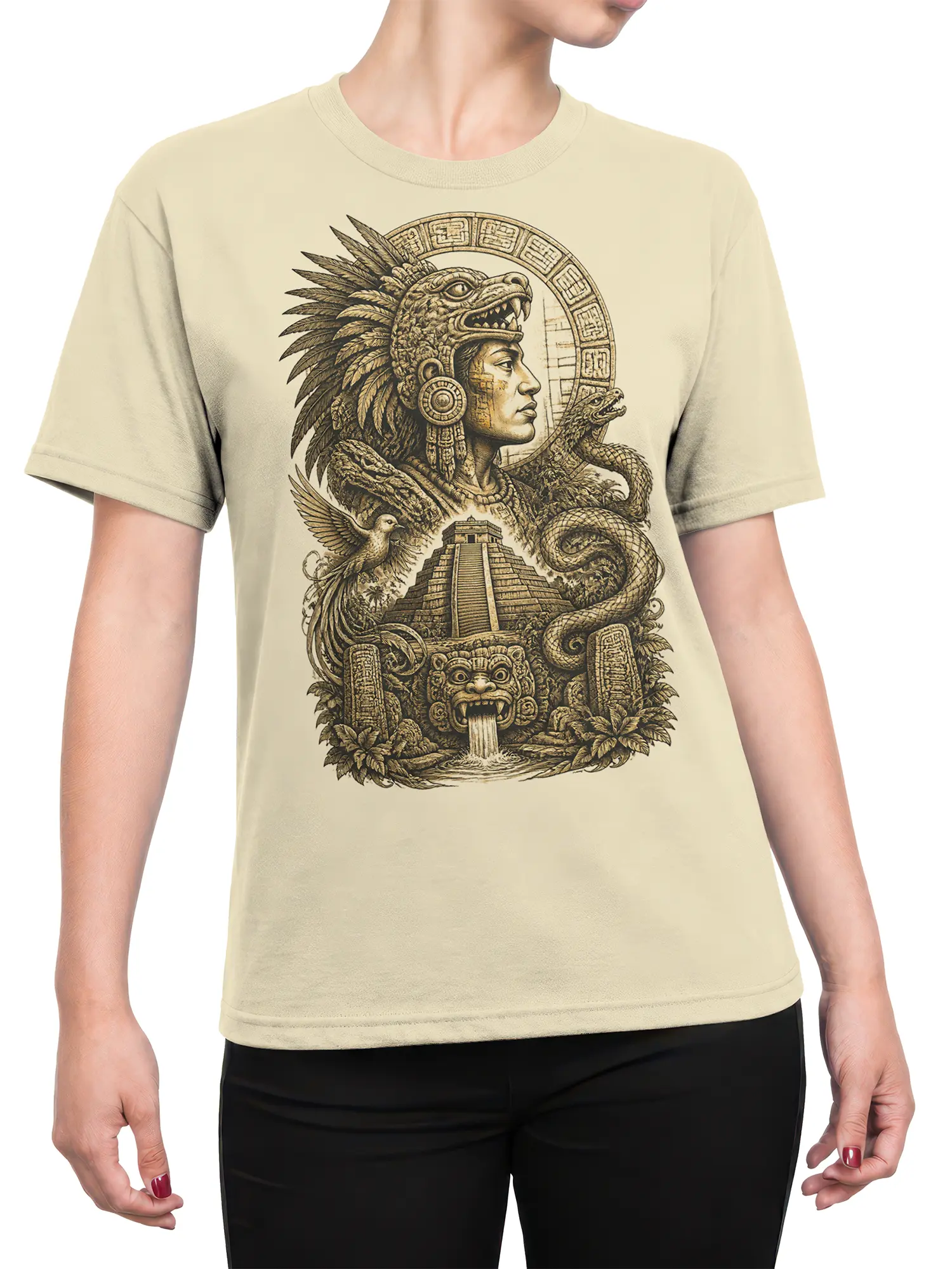 Female torso wearing a beige T-shirt with a Mesoamerican-inspired warrior and serpent temple illustration