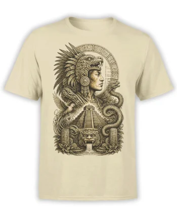 Beige T-shirt featuring a detailed Mesoamerican-inspired warrior, feathered headdress, serpent, pyramid, and guardian mask