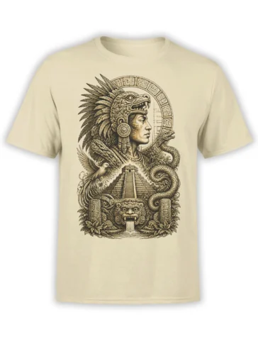 Beige T-shirt featuring a detailed Mesoamerican-inspired warrior, feathered headdress, serpent, pyramid, and guardian mask