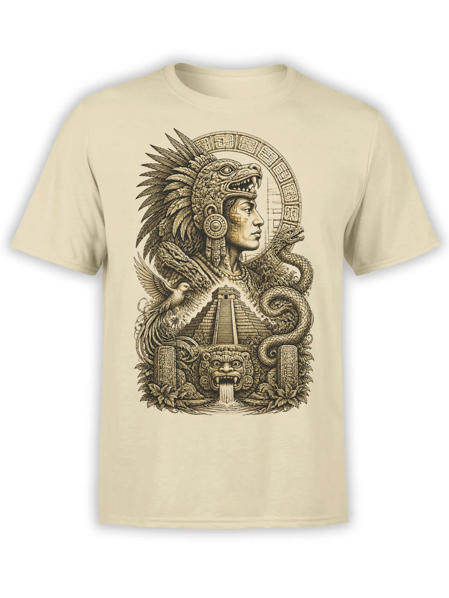 Beige T-shirt featuring a detailed Mesoamerican-inspired warrior, feathered headdress, serpent, pyramid, and guardian mask