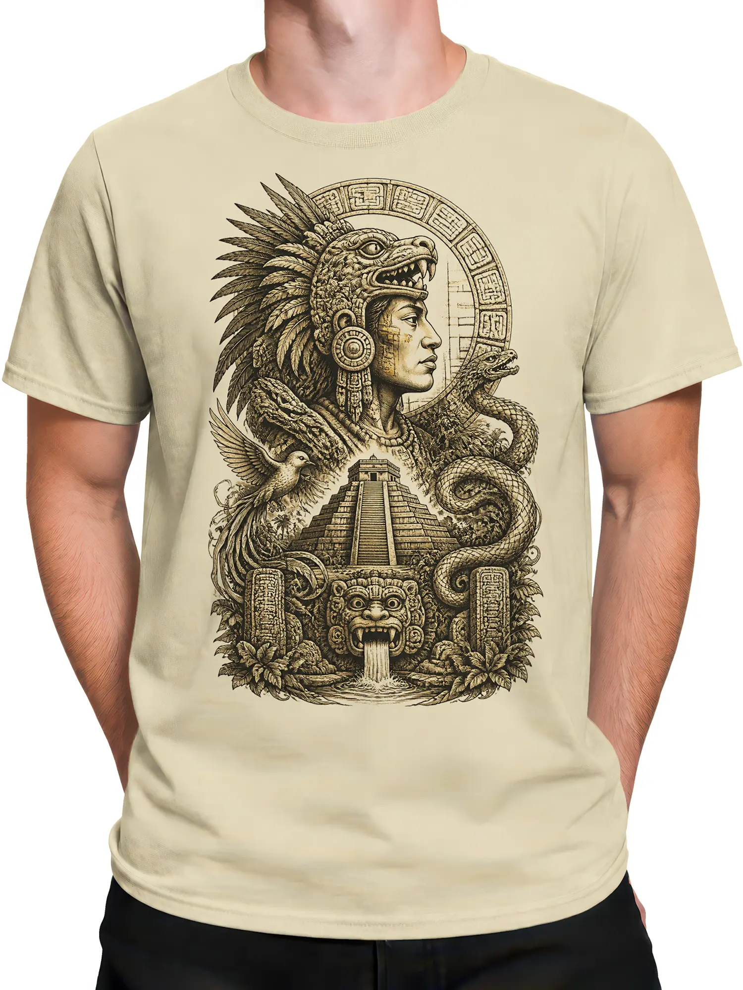 Male torso wearing a beige T-shirt with feathered warrior, serpent, pyramid, and guardian mask artwork