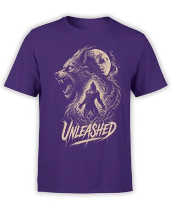 Purple wolf t-shirt with a roaring werewolf, full moon, dark figure, and UNLEASHED lettering