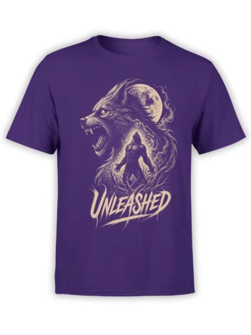 Purple wolf t-shirt with a roaring werewolf, full moon, dark figure, and UNLEASHED lettering