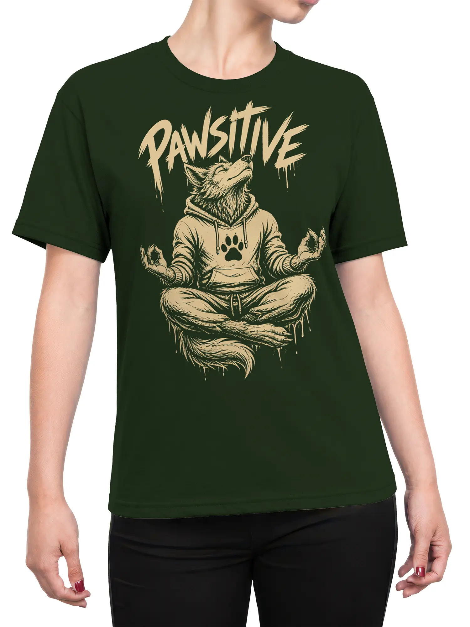 Female torso wearing a green meditating wolf T-shirt with PAWSITIVE lettering and a paw print