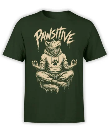 Green T-shirt with a meditating wolf, raised paws, paw print, and distressed PAWSITIVE lettering