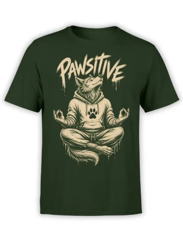 Green T-shirt with a meditating wolf, raised paws, paw print, and distressed PAWSITIVE lettering