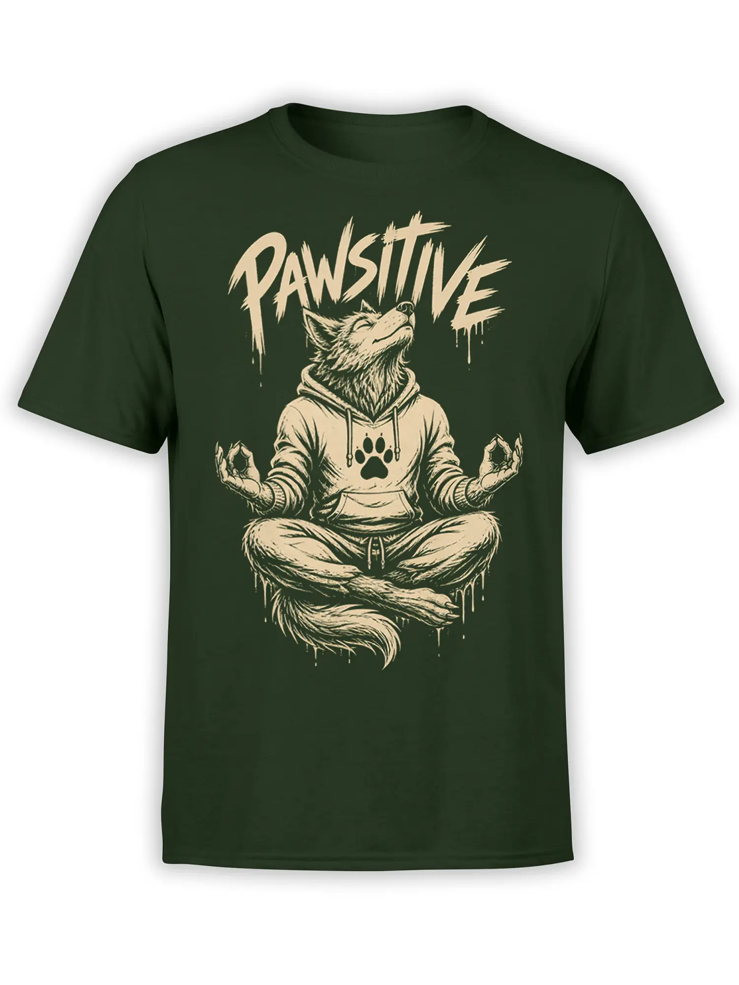 Green T-shirt with a meditating wolf, raised paws, paw print, and distressed PAWSITIVE lettering