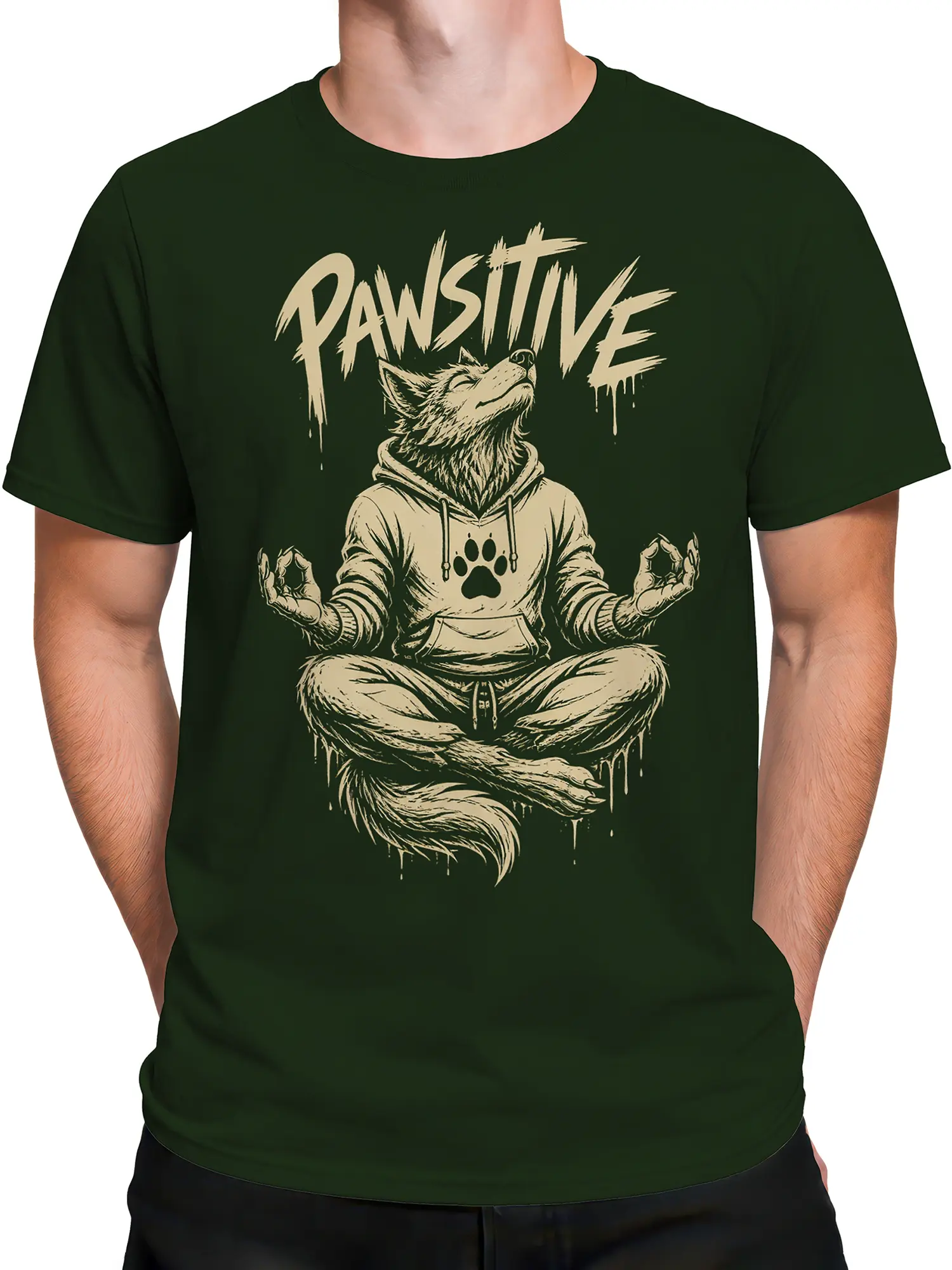 Male torso wearing a green wolf graphic T-shirt with a meditating design and paw print