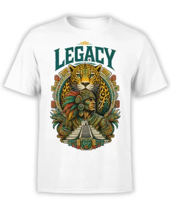 White Legacy jaguar T-shirt with a warrior, temple, feathered serpents, and colorful ancient-inspired artwork